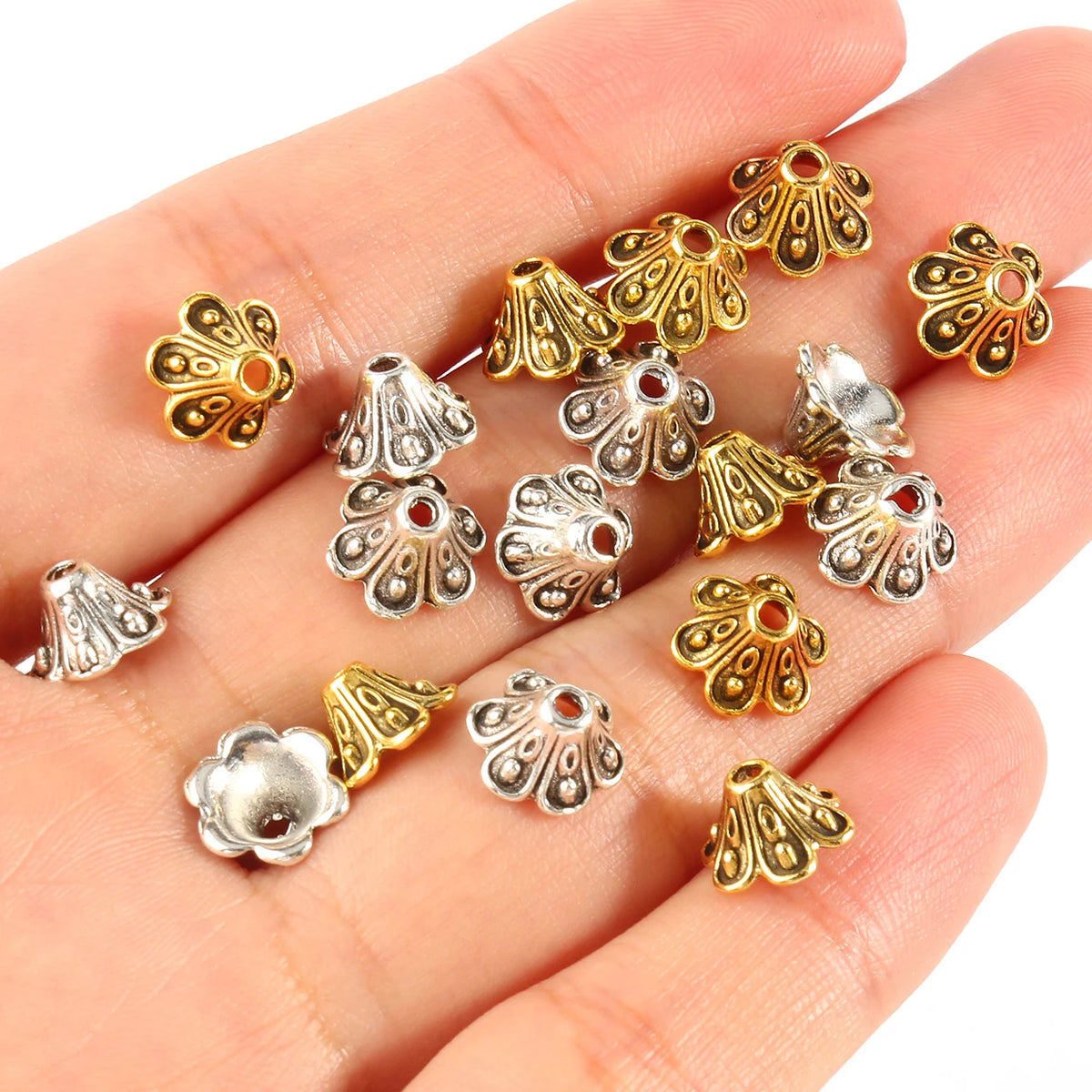 Tibetan Antique Flower Bead End Caps Gold Silver 9x5mm 50pcs