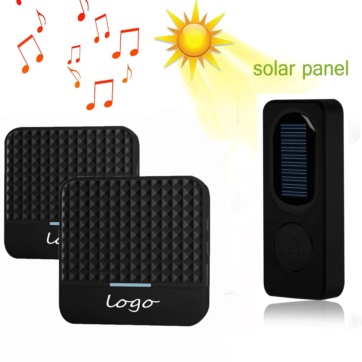 Wireless Solar Power Charging Doorbell Home Door Bell IP65 Waterproof 200-300M Bell Chime Outdoor Doorbell Zpaxo 2 receivers black US