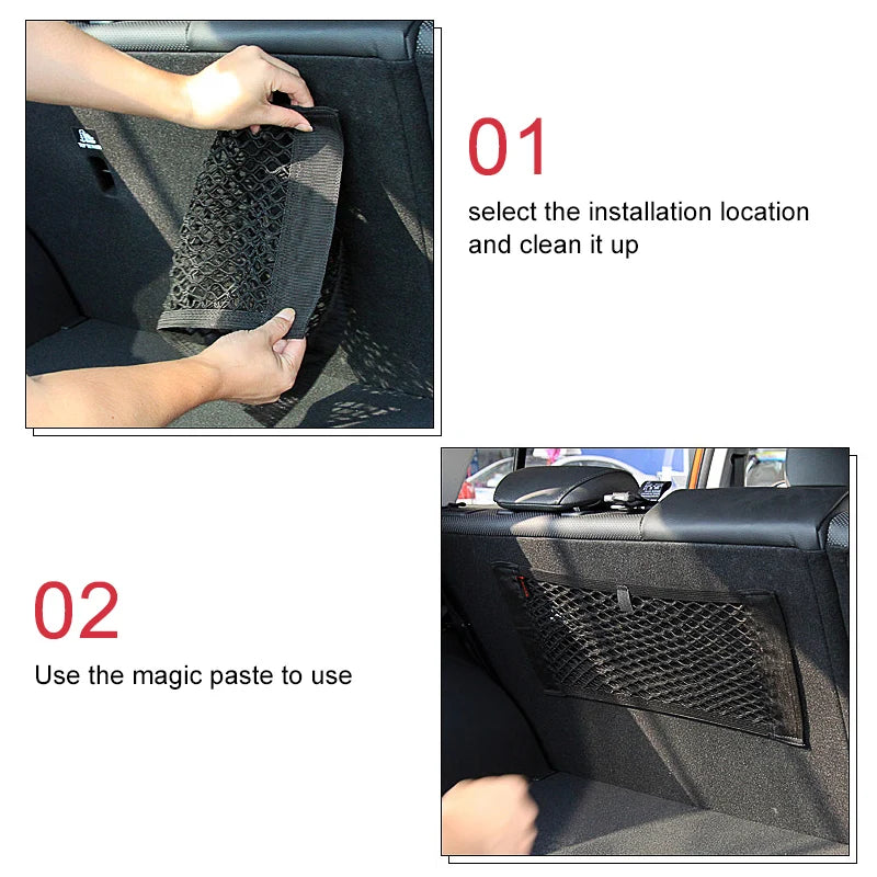 Car Back Rear Trunk Storage Net Seat Elastic String Magic Sticker Zpaxo