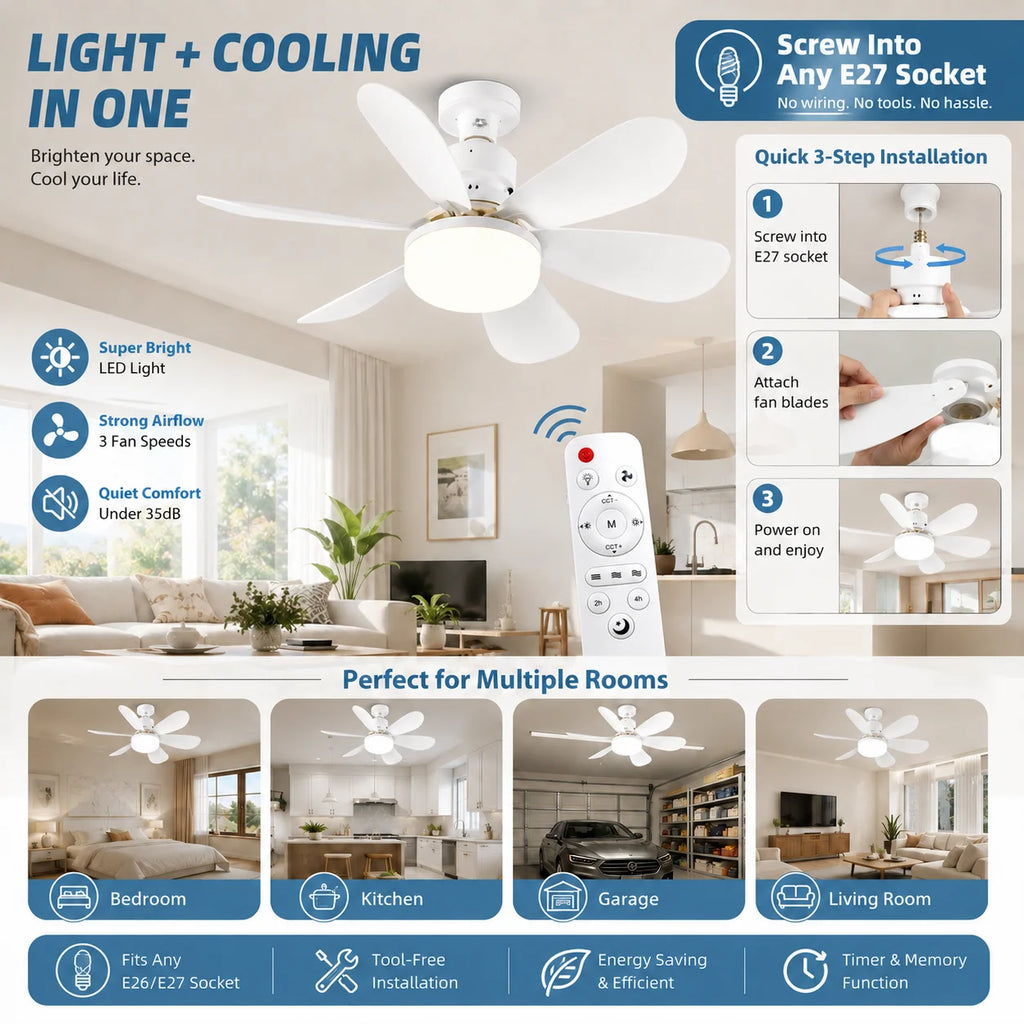 E27 LED Ceiling Fan Light with Remote 3 Color Dimmable Fan Lamp Rotatable Converter Base for Bedroom Living Room Kitchen Zpaxo