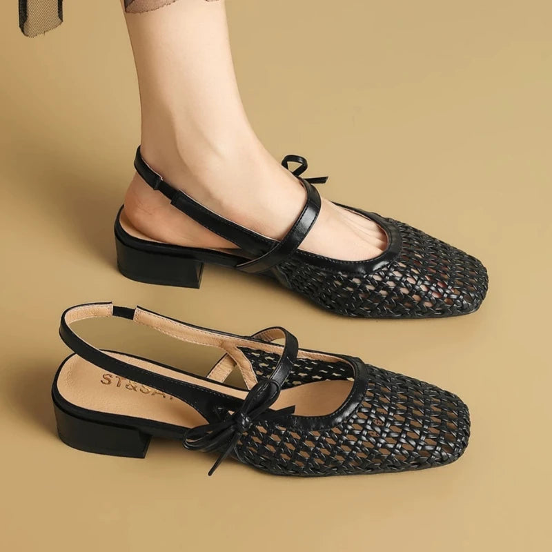 Square Closed Toe Weaving Solid Hollow Out Breathable Bow Zpaxo