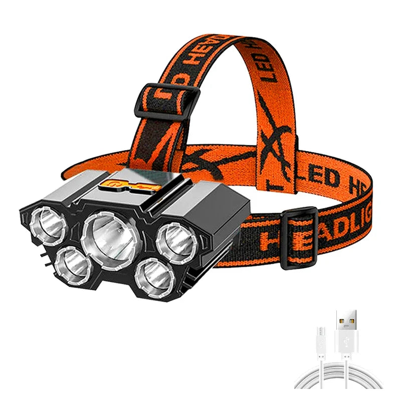 5 LED Flashlight Rechargeable Built Lithium Battery Strong Head Light Zpaxo 5 LED Orange