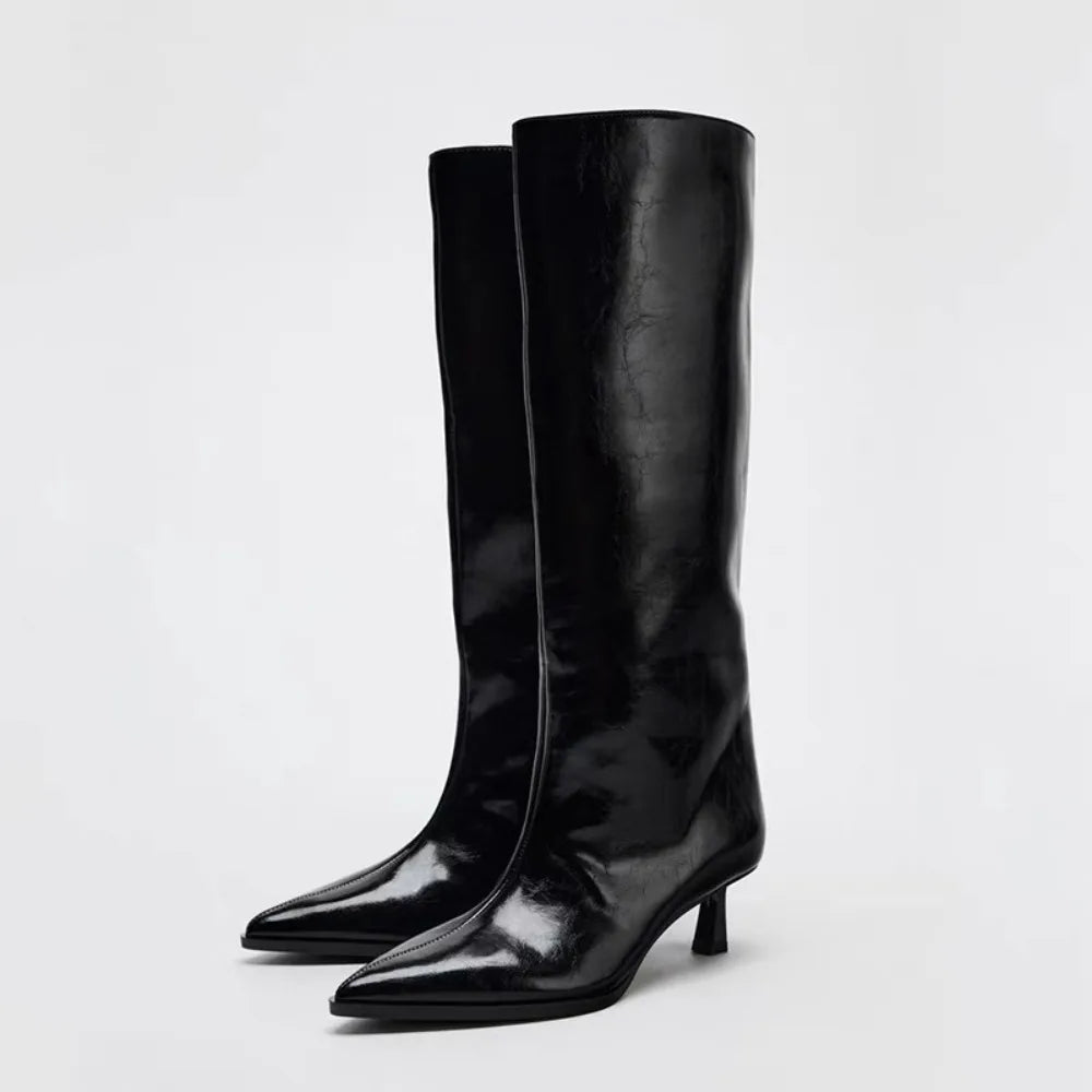 2026 Wide Boot Tube Pointed Toe Heel Pants Long Boots Faion Knight Zpaxo 35 black