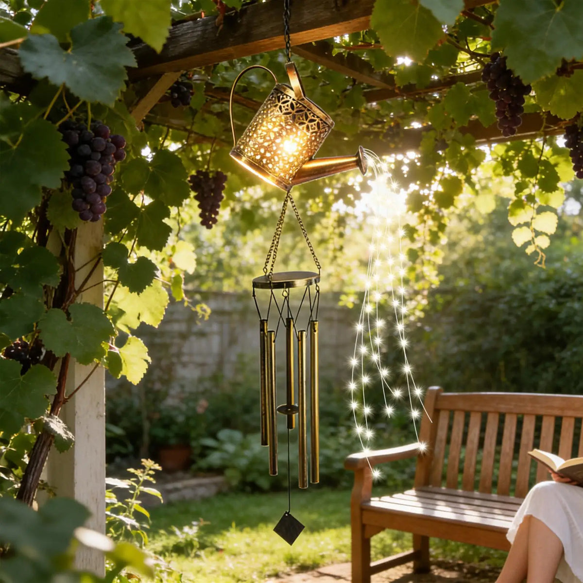 Solar Watering Can Lights Retro Iron Kettle Shape Home Decor Chime Zpaxo