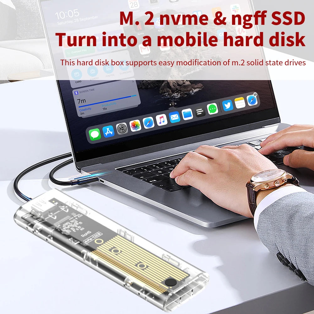 M.2 NVME SATA Mobile Hard Disk Case Dual Protocol SSD Case Clear USB Type C M2 SSD Transparent External Enclosure Hard Disk Box Zpaxo