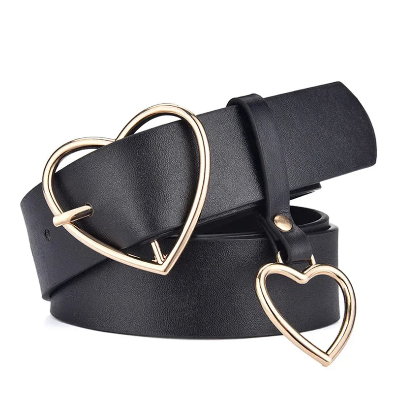 Cute Leather Belt Metal Heart Shape Buckle Camel White Black Retro PU Zpaxo Black and Gold 100cm