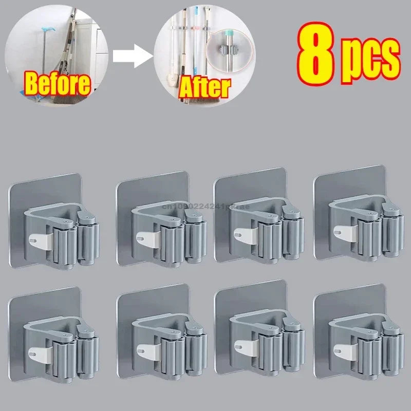 Household Bathroom Non Perforated Mop Holder, Broom Holder, and Card Holder Self-adhesive Mop Holder Kitchen Accessories Zpaxo 8pcs-Grey