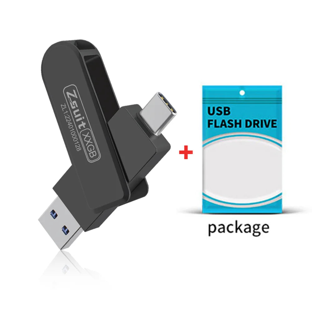 Zsuit USB Flash Drives Rotate USB-C Pendrive 64GB 128GB USB3.0 Type-C Pen Drives 2in 1 U Disk for iPhone Laptops Memory Stick Zpaxo 16GB 3.0 black