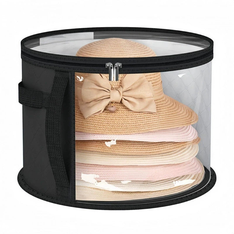 Hat Storage Box Non-woven Clear Bucket Foldable Travel Zipper Clothes Zpaxo Black