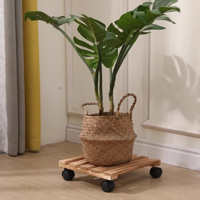 Solid Wood Planter Tray Potted Stand Rack Bonsai Round Wheel Zpaxo