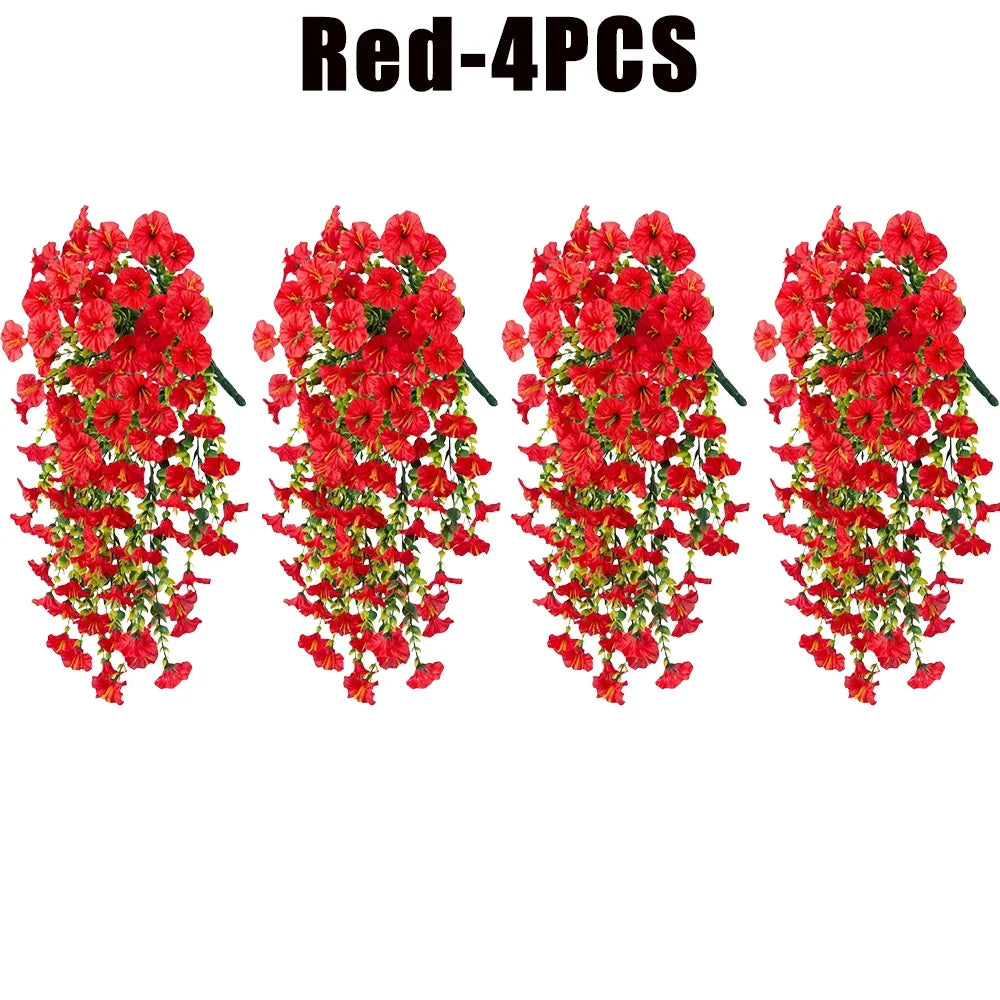 Artificial Hanging Flowers Plants Silk Morning Glory Eucalyptus Zpaxo Red-4PCS