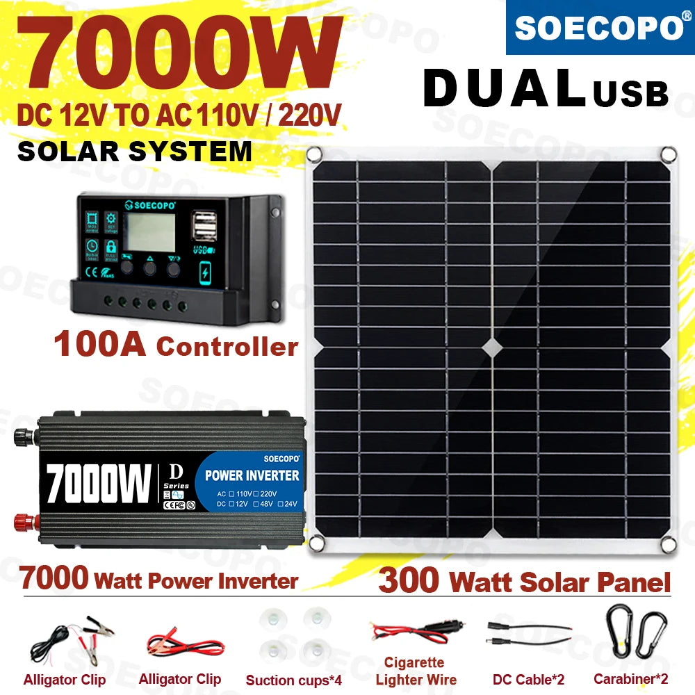SOECOPO 7000W Solar Power System 12V 110V 220V AC 100A Controller Zpaxo
