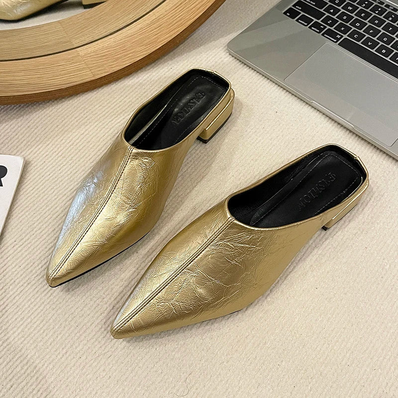 Fashion Pointed Toe Women Flats Slippers Mules Shoes 2026 Luxury Zpaxo Gold 37
