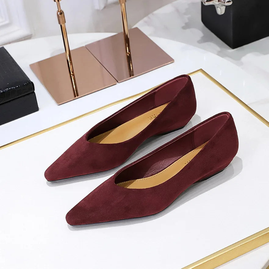 Flat Shoes for Women Spring and Autumn 2025 New Pointed Toe Sloping Heel Suede Shallow Low Heel Leopard Print Women's Shoes Zpaxo red 35