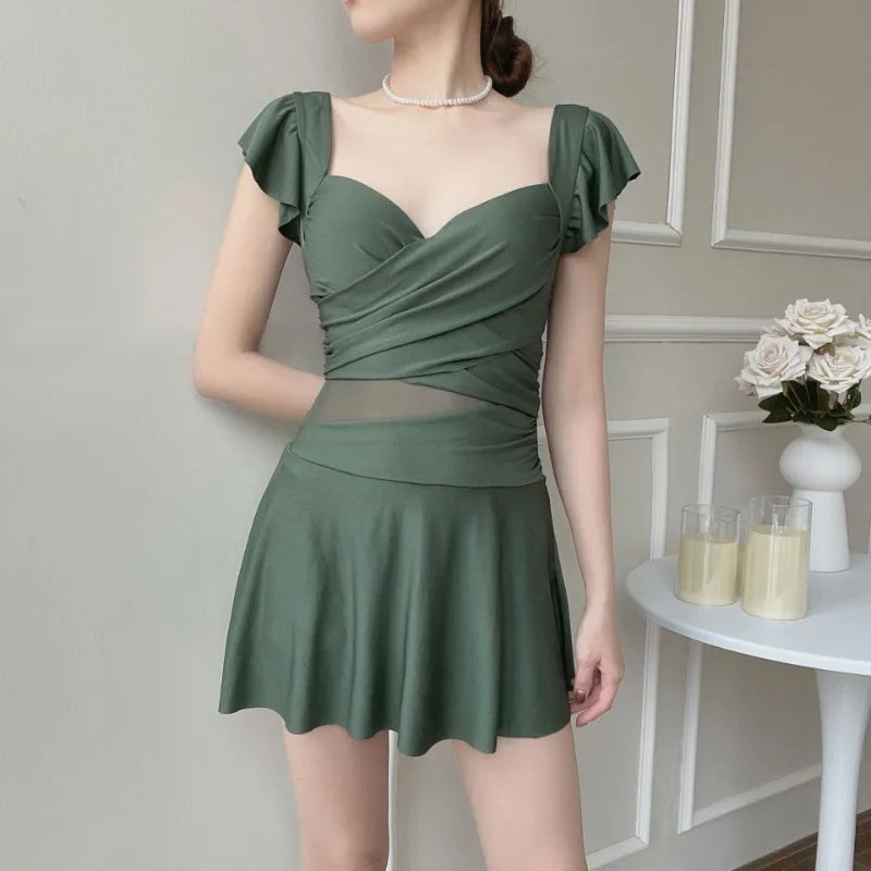 Swimsuits for Women Onepiece Solid Color French Swimsuit Wholesale Conservative Slim Steel Bra Dress Swimsuit Hot SpringPortable Zpaxo