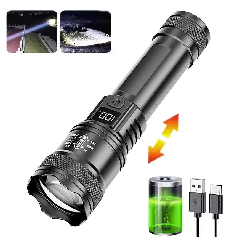 100000LM Bright Flashlight Rechargeable LED Torch Long Range Tactical Zpaxo Hot Sale ZOOM