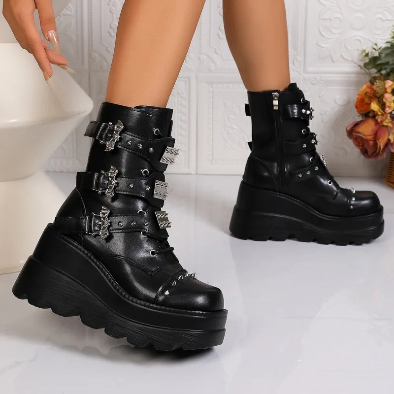 Spring Autumn Women's Solid Side Zipper Wedge Heel Mid Boots Women Zpaxo
