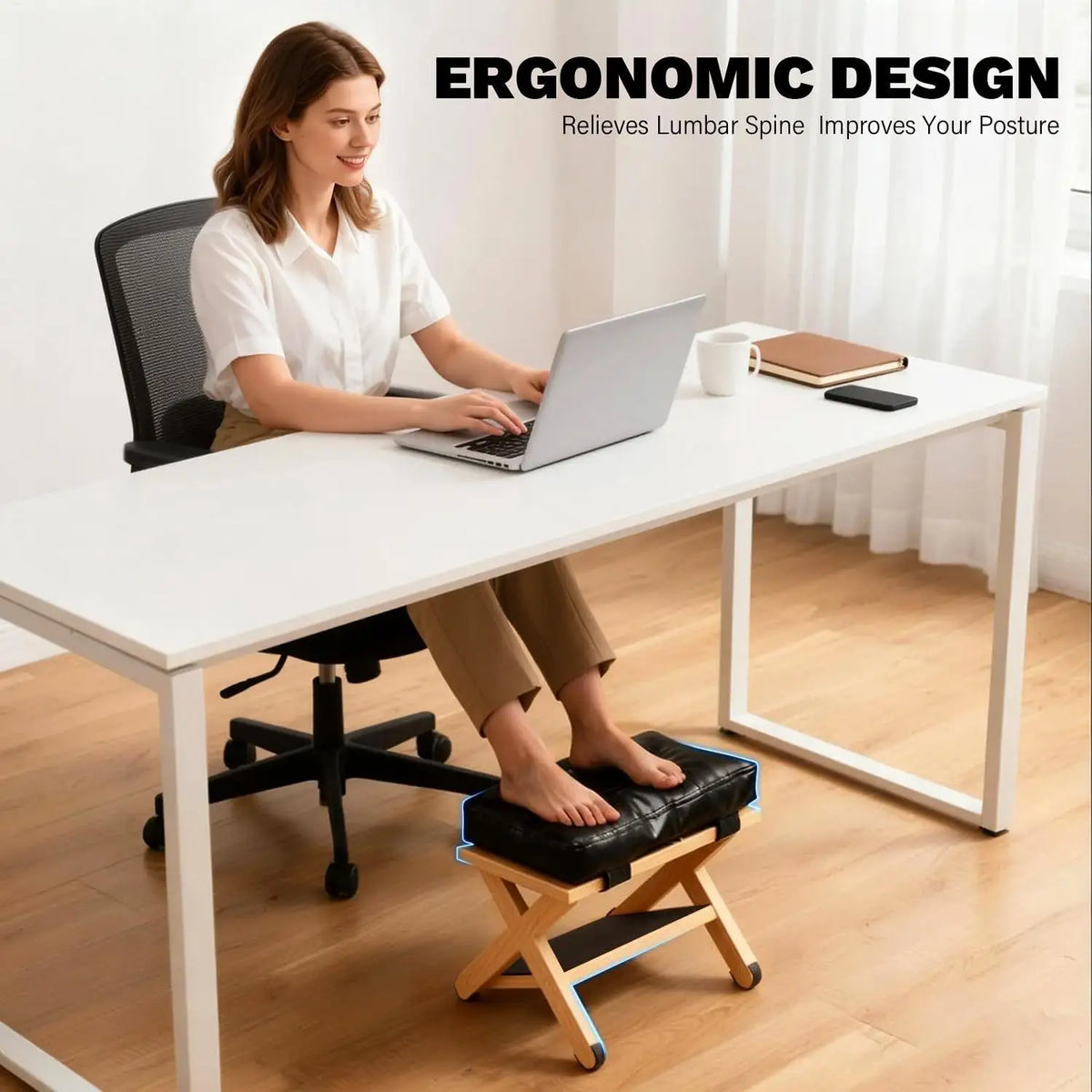 Under Desk Footrest Wooden Double Layer Non Slip Ergonomic Foot Rest Zpaxo