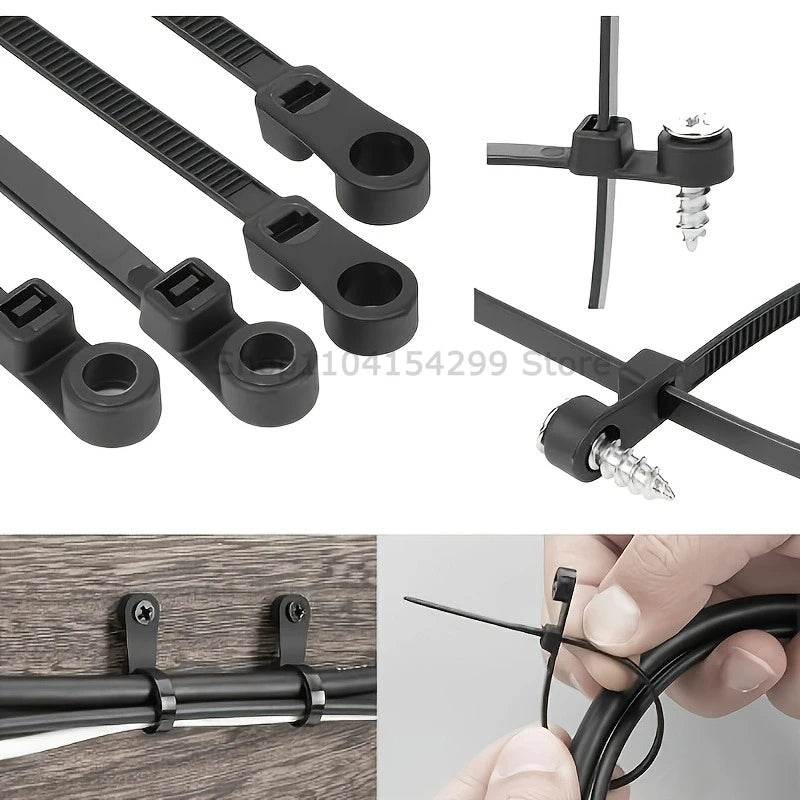 100-1000PCS Screw Hole Cable Ties Nylon Cable Ties Reusable Fixed Self-locking Cord Ties Straps Fastening Loop Office Organizer Zpaxo