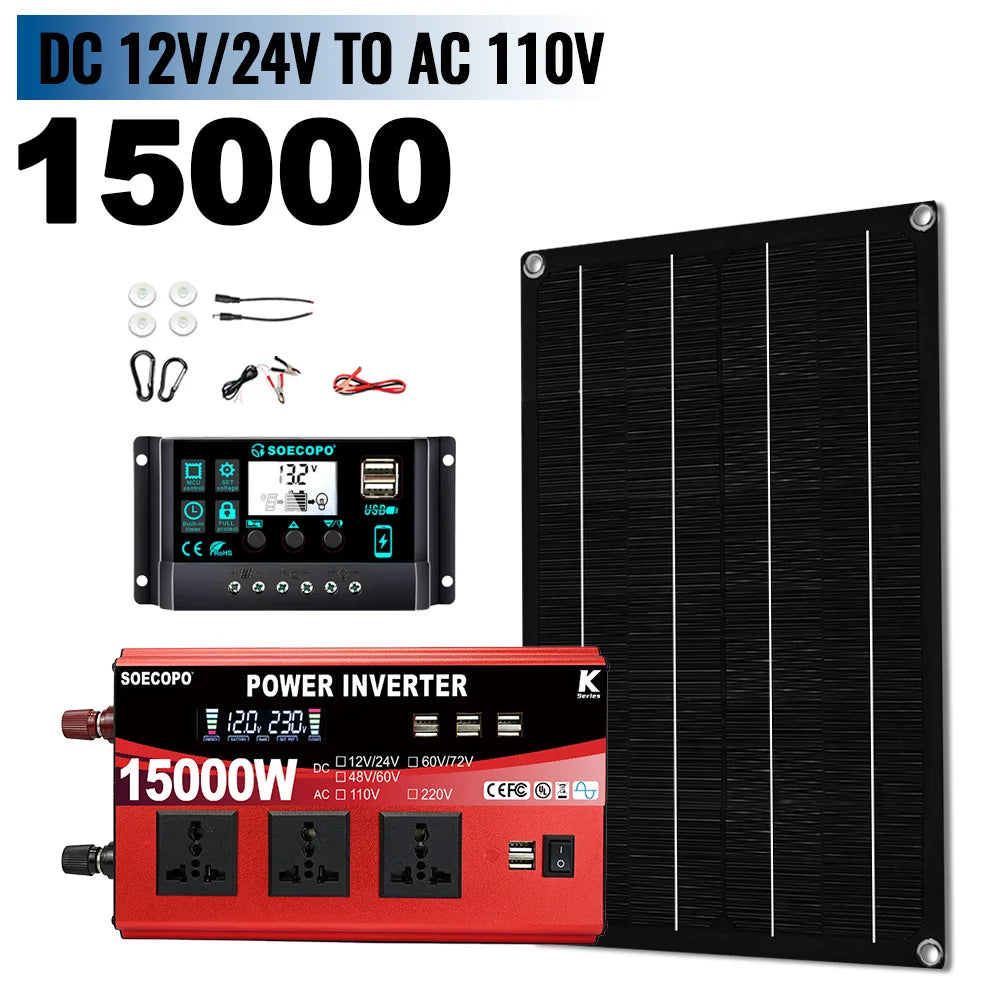 SOECOPO 15000W Full Solar System Complete Home 600W Panel Inverter 3 Zpaxo 12V 24V To 110V 60Hz