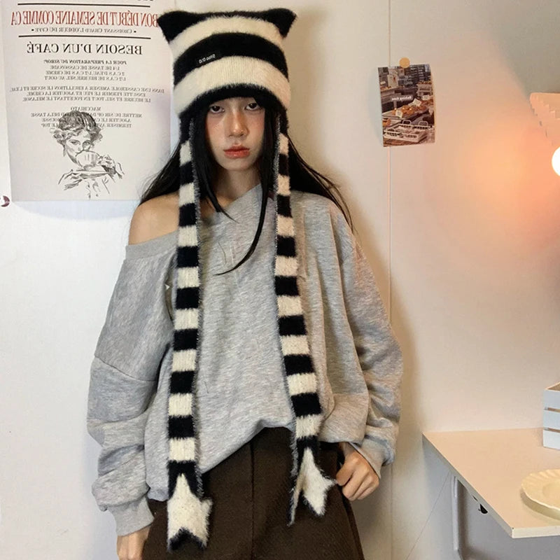 Y2k Subculture Girl Sweet Cool Hat Star Striped Plush Knitted Zpaxo White one size