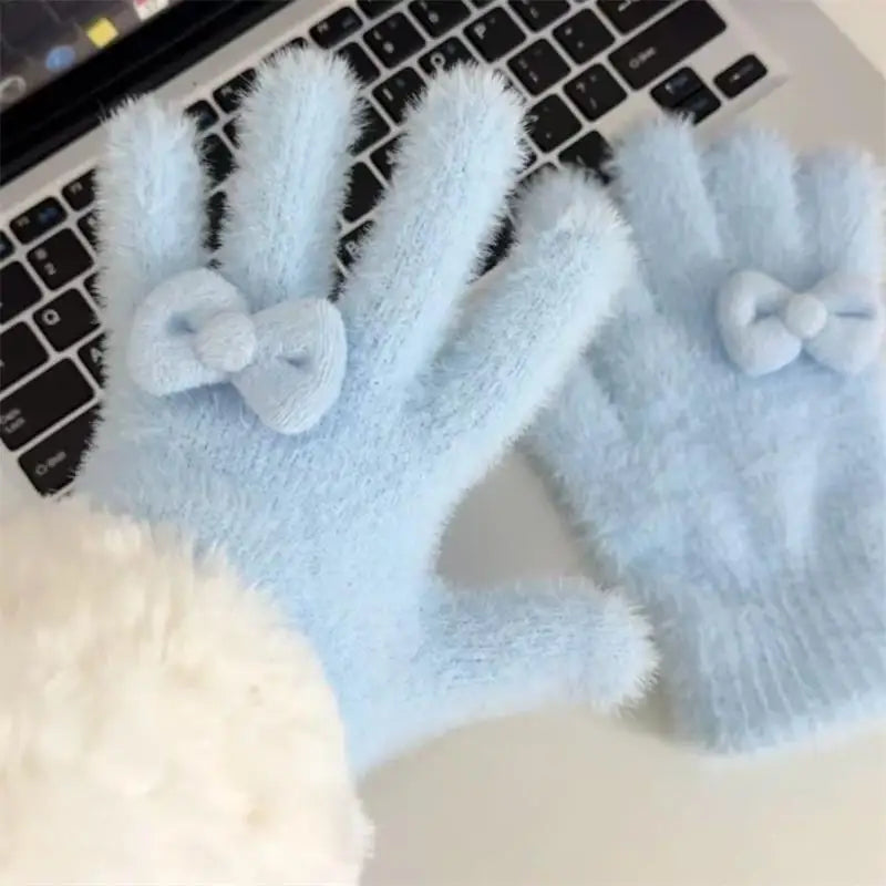 Charming Plush Gloves Bow Detailing Keep Warm Winter Stylish Women Zpaxo Blue