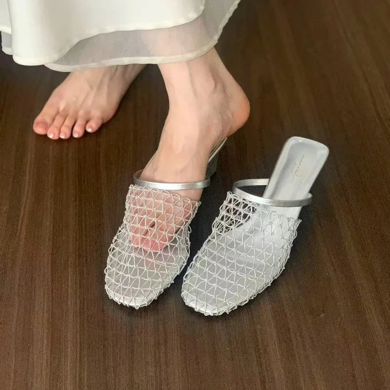 Fishing Net Woven Hollow Sandals Women Summer Skirt Block Heel Square Zpaxo Silver 35