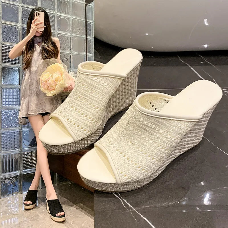 Beautiful Sandals and Slippers Women's Summer Wear Waterproof Platform Straw Thick-soled Wedge Heel High Heel Shoes Zpaxo