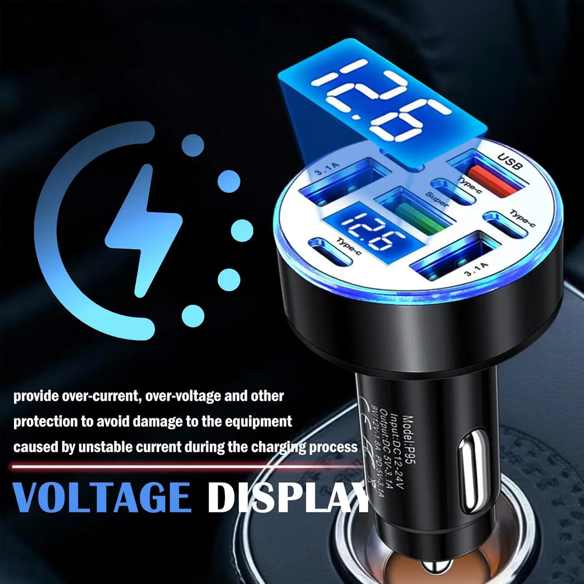 UYUXIO Multi Port USB C Car Charger Adapter 1 Voltage Display Iight Zpaxo