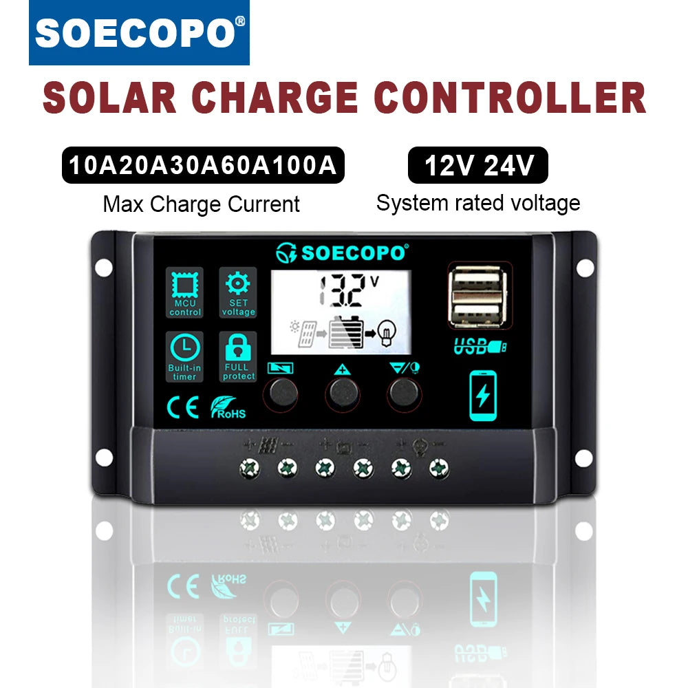 12V 24V 100A Solar Charge Controller Autoswitch LCD Display Zpaxo