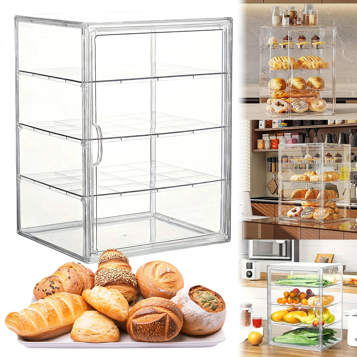 4-Layer Clear Plastic Bread Box Adjustable Bakery Pastry Display Case Zpaxo