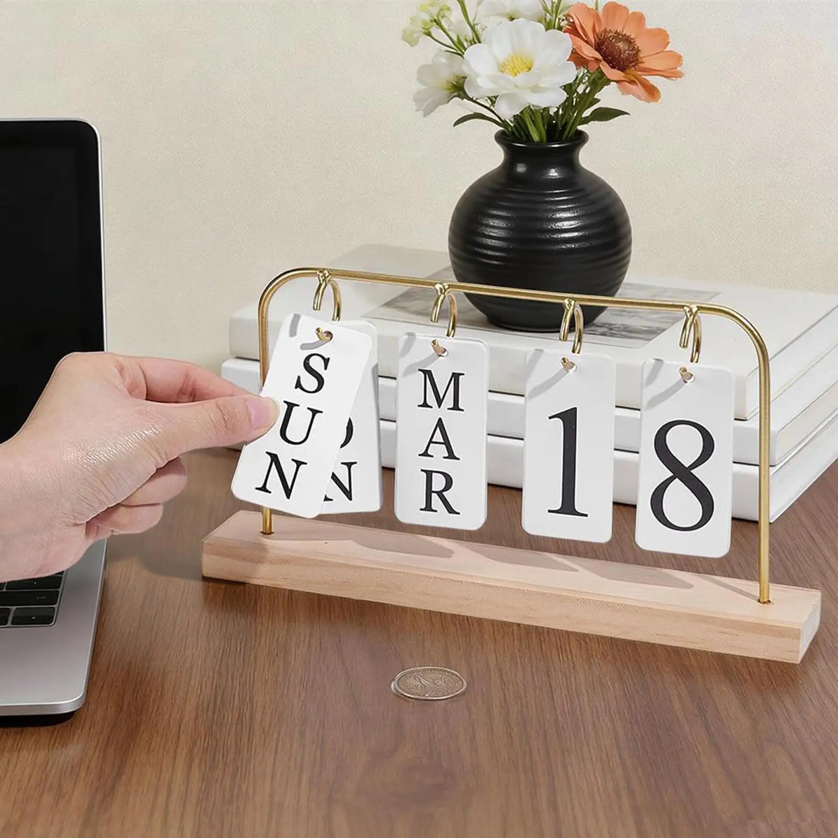 Wooden Perpetual Calendar Modern Metal Standing Base Daily Desk Home Zpaxo