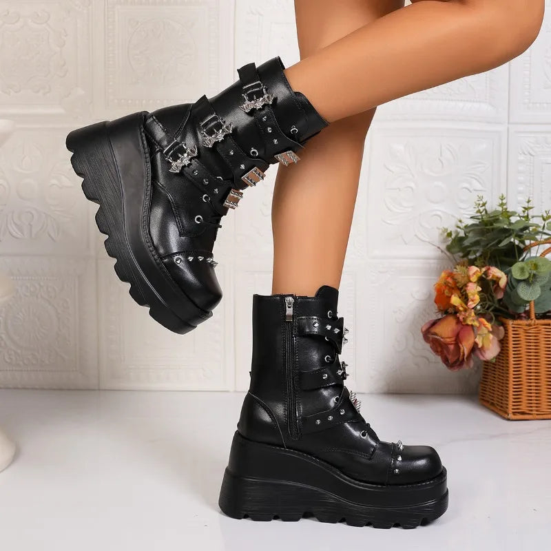 Spring Autumn Women's Solid Side Zipper Wedge Heel Mid Boots Women Zpaxo