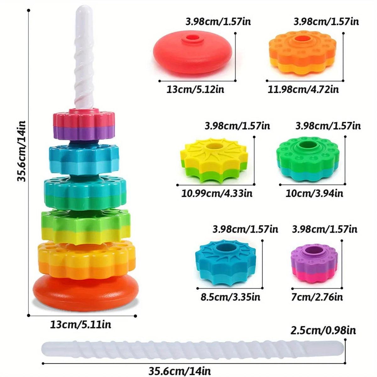 Rotating Rainbow Tower Stack Unstack Puzzle Toy 6 Colorful Levels Zpaxo