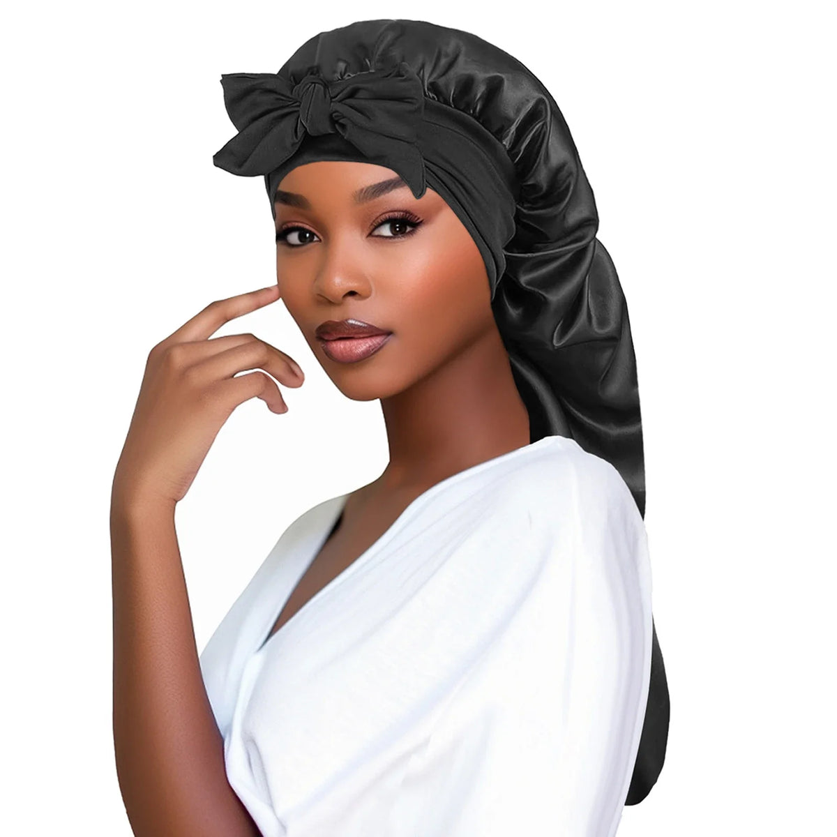 Women Bonnet Satin Sleeping Hat Long Tail Braid Hair Night Sleep Cap Zpaxo black