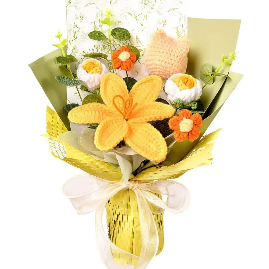 Knitted Flower Bouquet Handmade Tulip Rose Daisy Crochet Flowers Zpaxo YELLOW