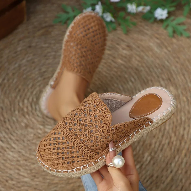 Summer Weaving Women's Round Closed Toe Vintage Breathable Slippers Zpaxo Brown 43