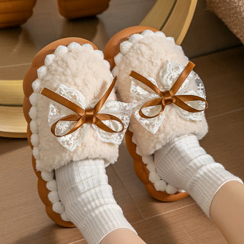 Winter Warm Fur Slippers Women Thick-soled Household Cute Bow Non Zpaxo