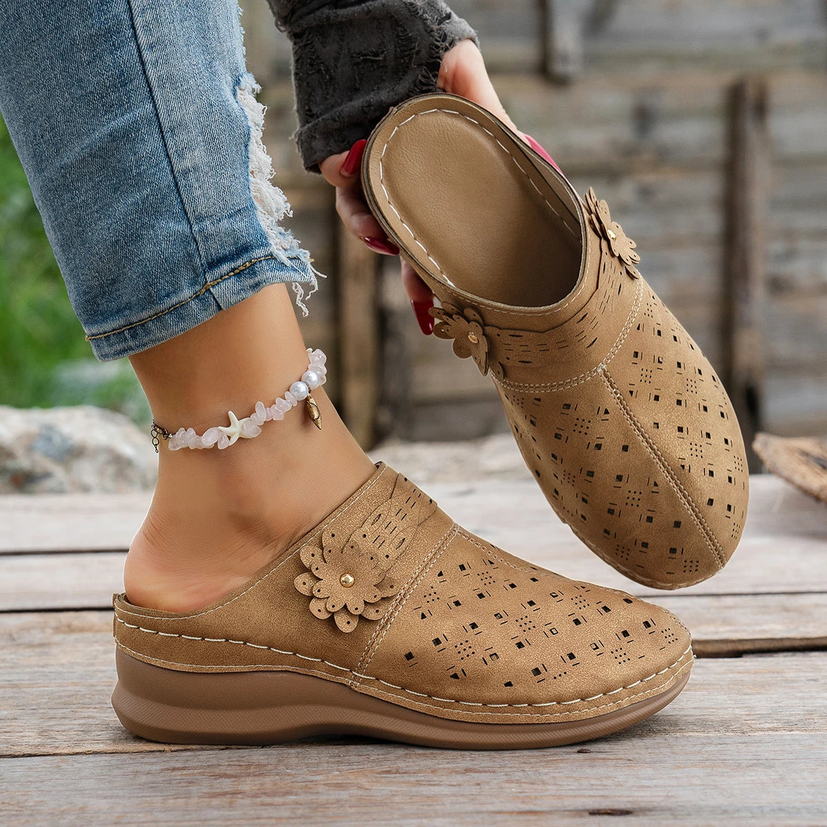 2025 New Women Wedge Mules Slippers Lightweight Hollow Out Shoes Woman Plus Size Thick Sole Outdoor Sandals Female Slides Women Zpaxo Khaki 36