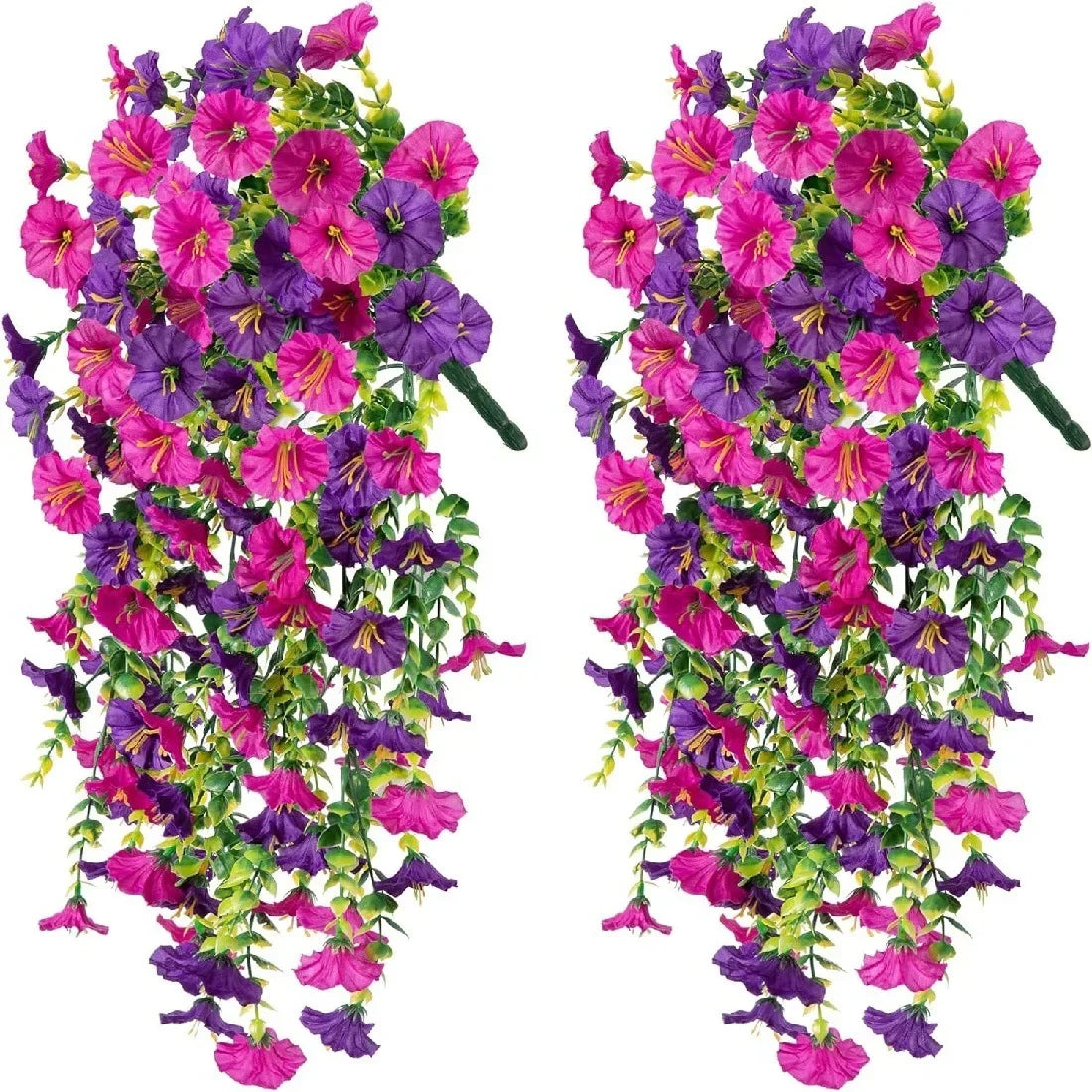 Artificial Hanging Flowers Plants Silk Morning Glory Eucalyptus Zpaxo Reddish purple-2PCS