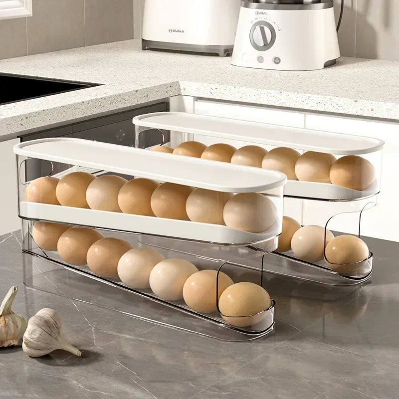 2-Tier Automatic Rolling Egg Dispenser Stair-style Storage Organizer Zpaxo