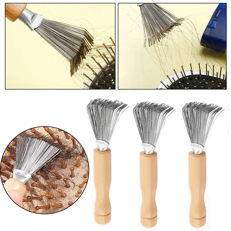 Hair Brush Cleaner Tool Wooden Handle Mini Dirt Remover Brushes Metal Zpaxo