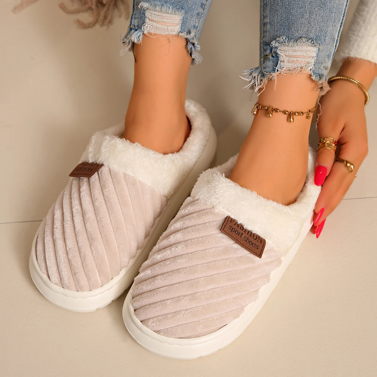 2025 Women Slippers Winter Home Casual Cotton Shoes Women Unisex Concise Flat Plush Slippers Non-slip Warm Fluffy Slides Women Zpaxo Beige 42-43