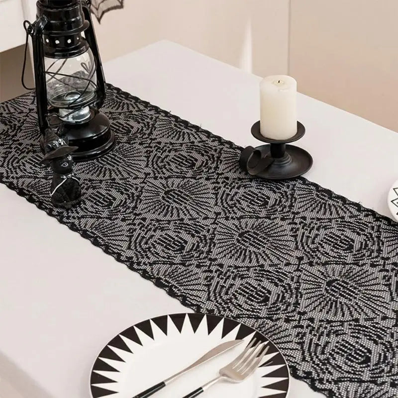 Elegant Black Lace Halloweens Tablecloth Polyester Fabric Party Zpaxo