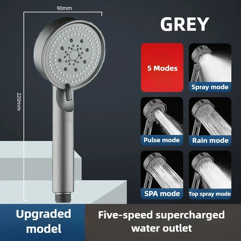 Black 5 Modes Shower Head Adjustable High Pressure Water Saving Shower Head Water Massage Shower Head Bathroom Accessories Zpaxo grey shower head