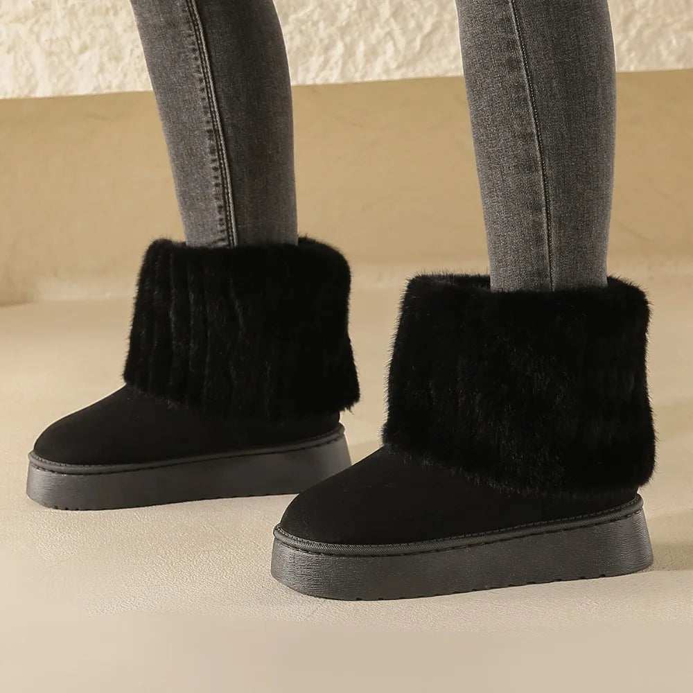 Shoes Women Winter Women's Boots Black Round Toe Solid Flock Plush Zpaxo