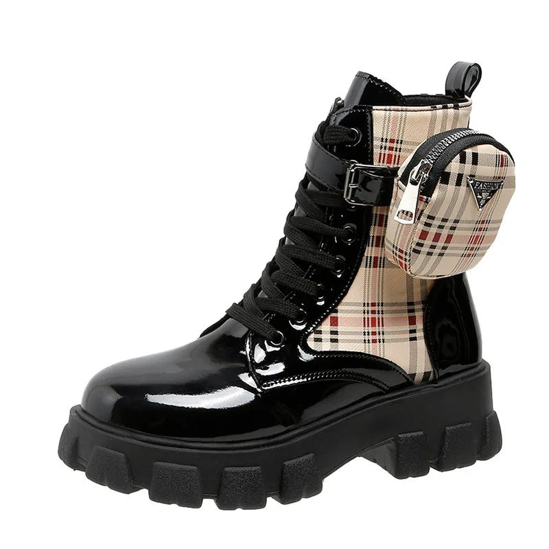 2024 Women Thick-soled Leather Boots Casual Fashion Lace-up Nylon Zpaxo Black 4 36(Foot 23cm) China Mainland
