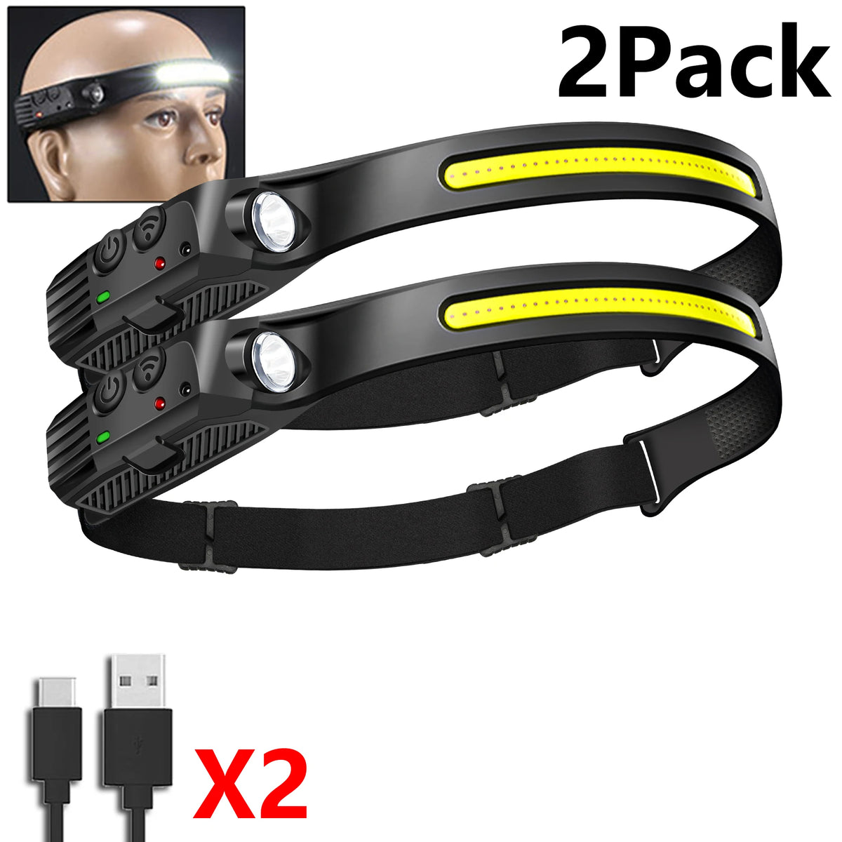 XPE+COB Dual LED Sensor Headlamp USB Rechargeable Head Flashlight Zpaxo 2Pcs