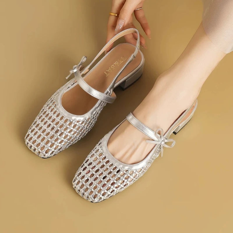 Square Closed Toe Weaving Solid Hollow Out Breathable Bow Zpaxo Silver 35