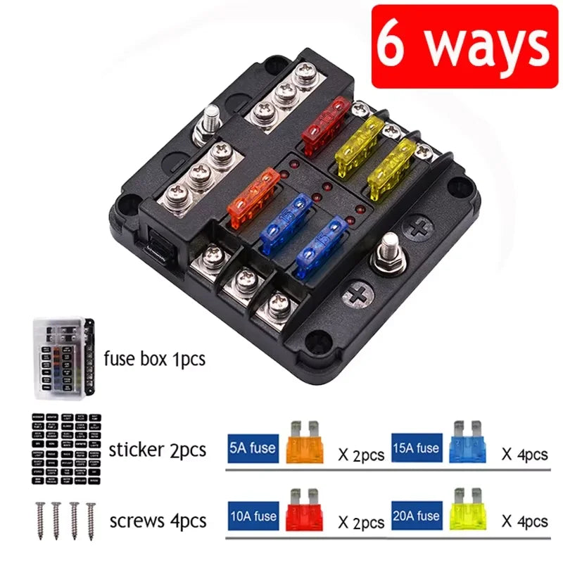 Positive Negative Anodes Fuse Block Box Transparent Cover Holder LED Zpaxo 6 ways